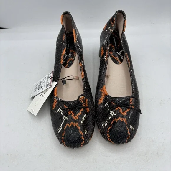 Zara Basic Shoes Womens Size 10 Black Orange Snake Print Block Heel Pumps - Picture 4 of 9